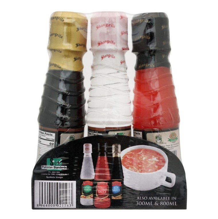 Shangrila Trio Pack, Chili Sauce + Synthetic Vinegar + Soy Sauce, 3x120ml