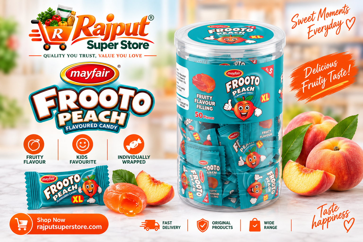 Mayfair Frooto XL Peach Flavoured Candy 50 Pieces Pack Rs. 5/- Each